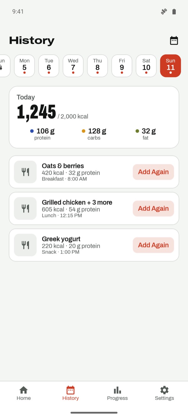 Calendar history of logged meals